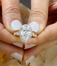 Load image into Gallery viewer, 14k Solid Rose Gold Pear Cut Moissanite and Natural Diamond Engagement Ring Halo, Bridal, Wedding Deco Antique Style 3.75ctw