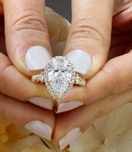 Load image into Gallery viewer, 14k Solid Rose Gold Pear Cut Forever One Moissanite and Natural Diamond Engagement Ring Halo, Bridal, Wedding Deco Antique Style 3.75ctw
