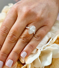 Load image into Gallery viewer, 14k Solid Rose Gold Pear Cut Forever One Moissanite and Natural Diamond Engagement Ring Halo, Bridal, Wedding Deco Antique Style 3.75ctw