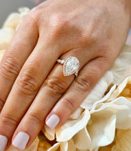 Load image into Gallery viewer, 14k Solid Rose Gold Pear and Round Cut Simulated Diamond Engagement Ring Deco, Bridal, Wedding, Halo, Anniversary 3.75ct