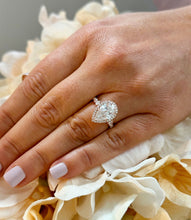 Load image into Gallery viewer, 14k Solid Rose Gold Pear and Round Cut Simulated Diamond Engagement Ring Deco, Bridal, Wedding, Halo, Anniversary 3.75ct