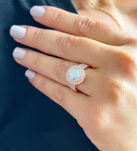 Load image into Gallery viewer, 14k Rose Gold Oval and Round Cut Moissanite and Natural Diamond Engagement Ring Double Halo Triple Shank Design 2.70ctw