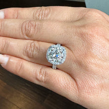 Load image into Gallery viewer, 14K Solid White Gold Cushion And Round Cut Simulated Diamond Engagement Ring Halo Style 6.50ctw