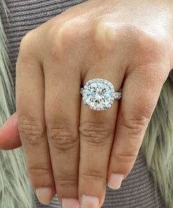 14K Solid White Gold Cushion And Round Cut Simulated Diamond Engagement Ring Halo Style 6.50ctw