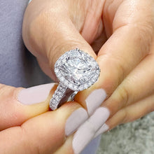 Load image into Gallery viewer, 14K Solid White Gold Cushion And Round Cut Simulated Diamond Engagement Ring Halo Style 6.50ctw