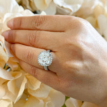 Load image into Gallery viewer, 14K Solid White Gold Cushion And Round Cut Simulated Diamond Engagement Ring Halo Style 6.50ctw