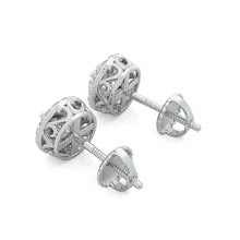 Load image into Gallery viewer, 14K White Gold Round Cut Forever One Moissanite Scroll Basket Halo Earrings, Bridal, Wedding, Anniversary, Four prong set, Solitaire 1.40ctw