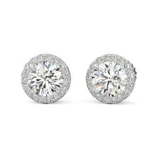 Load image into Gallery viewer, 14K White Gold Round Cut Forever One Moissanite Scroll Basket Halo Earrings, Bridal, Wedding, Anniversary, Four prong set, Solitaire 1.40ctw