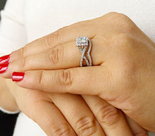 Load image into Gallery viewer, 1.50 Carat Princess Cut Simulated Diamond Engagement Ring And Band Bridal Set Wedding Halo 14k Solid White Gold