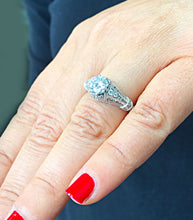 Load image into Gallery viewer, Large 2.05 Carat Round Simulated Diamond Engagement Ring Antique Deco Design Bridal Halo Wedding 14k Solid White gold