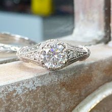 Load image into Gallery viewer, Large 2.05 Carat Round Simulated Diamond Engagement Ring Antique Deco Design Bridal Halo Wedding 14k Solid White gold