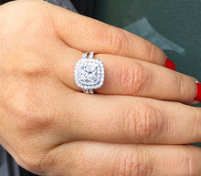 Load image into Gallery viewer, 14K Solid White Gold Cushion Cut Simulated Diamond Engagement Ring And Band Bridal Set Wedding Set Double Halo 1.85ct by ASW