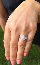 Load image into Gallery viewer, 14k Solid White Gold Round Cut Forever One Moissanite and Diamonds Engagement Ring Prong Set Split Shank Double Halo Bridal Wedding 1.25ctw