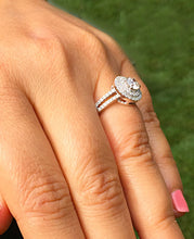 Load image into Gallery viewer, 14k Solid White Gold Round Cut Forever One Moissanite and Diamonds Engagement Ring Prong Set Split Shank Double Halo Bridal Wedding 1.25ctw