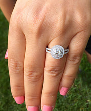 Load image into Gallery viewer, 14k Solid White Gold Round Cut Forever One Moissanite and Diamonds Engagement Ring Prong Set Split Shank Double Halo Bridal Wedding 1.25ctw