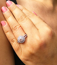 Load image into Gallery viewer, 14k Solid White Gold Round Cut Forever One Moissanite and Diamonds Engagement Ring Prong Set Split Shank Double Halo Bridal Wedding 1.25ctw