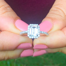 Load image into Gallery viewer, Large 14k solid white gold emerald cut simulated diamond engagement ring halo bridal wedding prong set 2.00ct