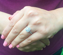Load image into Gallery viewer, Large 14k solid white gold emerald cut simulated diamond engagement ring halo bridal wedding prong set 2.00ct
