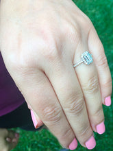 Load image into Gallery viewer, Large 14k solid white gold emerald cut simulated diamond engagement ring halo bridal wedding prong set 2.00ct