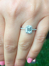 Load image into Gallery viewer, Large 14k solid white gold emerald cut simulated diamond engagement ring halo bridal wedding prong set 2.00ct