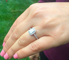 Load image into Gallery viewer, Large 14k solid white gold emerald cut simulated diamond engagement ring halo bridal wedding prong set 2.00ct
