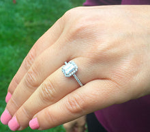 Load image into Gallery viewer, 14k white gold emerald cut forever one moissanite and diamond engagement ring halo prong set bridal wedding 2.00ct