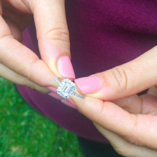 Load image into Gallery viewer, 14k white gold emerald cut forever one moissanite and diamond engagement ring halo prong set bridal wedding 1.50ct