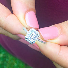 Load image into Gallery viewer, 14k white gold emerald cut natural diamond engagement ring halo 1.50ct wedding bridal prong set round cut sides