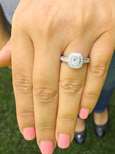 Load image into Gallery viewer, Elegant 14k Solid White Gold Cushion Cut Moissanite and Round Cut Diamond Engagement Ring Bezel Set, Bridal, Wedding Halo 1.70ctw