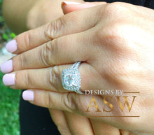 Load image into Gallery viewer, Large Women's 14K Solid White Gold Cushion Cut Moissanite and Rond Cut Natural Diamond Engagement Ring Double Halo Prong 2.80ct