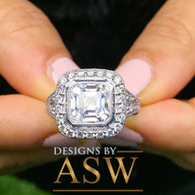 Load image into Gallery viewer, Huge and Heavy 14K Solid White Gold Asscher Cut Simulated Diamond Engagement Ring Bezel Set Halo Wedding Anniversary Round Cut 4.50ct by ASW