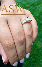 Load image into Gallery viewer, 14k white gold emerald cut forever one moissanite and diamond engagement ring three stone style prong set bridal wedding 1.60ct