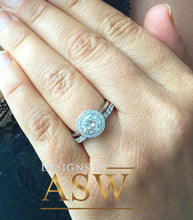 Load image into Gallery viewer, 14k White Gold Round Cut Moissanite and Natural Diamond Engagement Ring And Band Bwzel Set Halo Bridal Wedding Anniversary 2.00