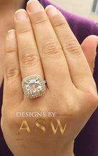 Load image into Gallery viewer, Huge 14K Solid White and Yellow Gold Cushion Cut Forever One Moissanite and Round Cut Natural Diamond Engagement Ring Double Halo 6.50ct