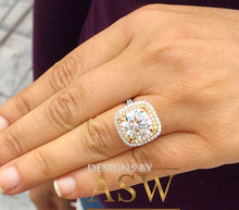 Load image into Gallery viewer, Huge 14K Solid White and Yellow Gold Cushion Cut Forever One Moissanite and Round Cut Natural Diamond Engagement Ring Double Halo 6.50ct