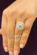 Load image into Gallery viewer, Huge 14K Solid White and Yellow Gold Cushion Cut Forever One Moissanite and Round Cut Natural Diamond Engagement Ring Double Halo 6.50ct