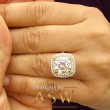 Load image into Gallery viewer, Huge 14K Solid White and Yellow Gold Cushion Cut Forever One Moissanite and Round Cut Natural Diamond Engagement Ring Double Halo 6.50ct