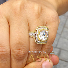 Load image into Gallery viewer, Huge 14K Solid White and Yellow Gold Cushion Cut Forever One Moissanite and Round Cut Natural Diamond Engagement Ring And Two Bands 7.10ct