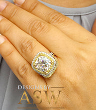 Load image into Gallery viewer, Cushion and Round Cut Simulated Diamond Engagement Ring And Band Double Halo Huge 6.80 Carats 14k Solid White and Yellow Gold