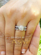 Load image into Gallery viewer, 14k solid white gold round cut simulated diamond bezel engagement ring and two bands, bridal set, wedding, halo three piece set 1.70ct ASW