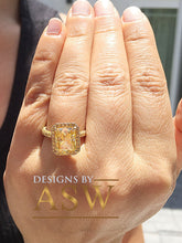 Load image into Gallery viewer, 14K Solid Yellow Gold Radiant Cut Yellow Citrine Simulated Diamond Engagement Ring Prong Set lots of shine and luster round cut sides 4.75ct