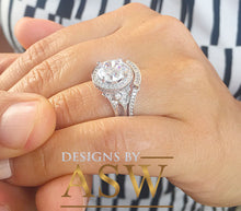 Load image into Gallery viewer, Huge 14k Solid White Gold Round Cut Simulated Diamond Engagement Ring and band Antique Deco Bridal Halo Wedding Anniversary Filigree 3.00ct