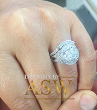 Load image into Gallery viewer, Huge 14k Solid White Gold Round Cut Simulated Diamond Engagement Ring and band Antique Deco Bridal Halo Wedding Anniversary Filigree 3.00ct