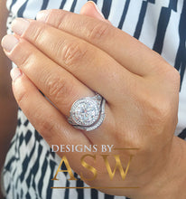 Load image into Gallery viewer, Huge 14k Solid White Gold Round Cut Simulated Diamond Engagement Ring and band Antique Deco Bridal Halo Wedding Anniversary Filigree 3.00ct