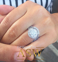 Load image into Gallery viewer, Huge 14k Solid White Gold Round Cut Simulated Diamond Engagement Ring and band Antique Deco Bridal Halo Wedding Anniversary Filigree 3.00ct