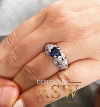 Load image into Gallery viewer, 14k solid white gold oval cut blue sapphire and natural diamonds engagement ring halo, deco, bridal, wedding, anniversary, propose 2.15ctw