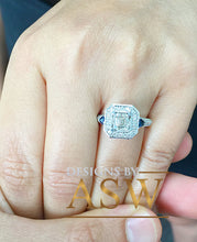 Load image into Gallery viewer, 14k Solid White Gold Asscher, Round, and Trillion Cut Simulated Diamond ans sapphire Engagement Ring Halo Bridal Wedding 2.00ctw by ASW