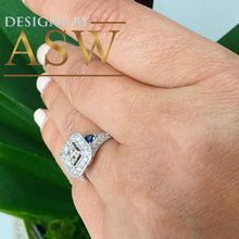 Load image into Gallery viewer, 14k Solid White Gold Asscher, Round, and Trillion Cut Simulated Diamond ans sapphire Engagement Ring Halo Bridal Wedding 2.00ctw by ASW