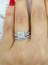 Load image into Gallery viewer, 1.50 Carat Princess Cut Simulated Diamond Engagement Ring And Band Bridal Set Wedding Halo 14k Solid White Gold