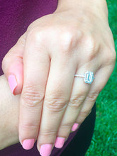 Load image into Gallery viewer, Large 14k solid white gold emerald cut simulated diamond engagement ring halo bridal wedding prong set 2.00ct